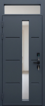 Уличная термодверь с остекленной фрамугой, выдавленным рисунком и полимерной покраской антрацит