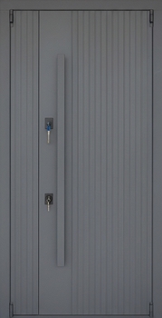 Входная полуторная дверь с длинной ручкой и панелями серого и белого цвета